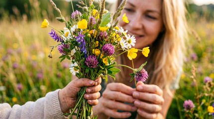 Mother's Day emotional moment featuring a young child's hands handing a colorful wildflower bouquet to a mother in a summer meadow