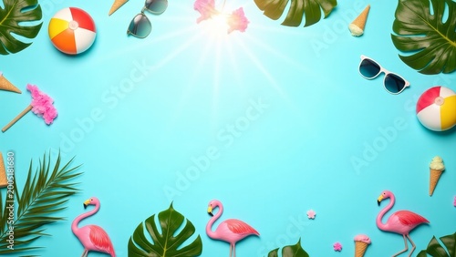 Vibrant tropical beach scene with miniature sun, palm trees, beach balls and other holiday accessories.