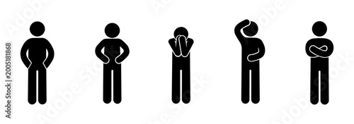 Sad man icon set, stick man illustration in depression, sadness, isolated stick man silhouette