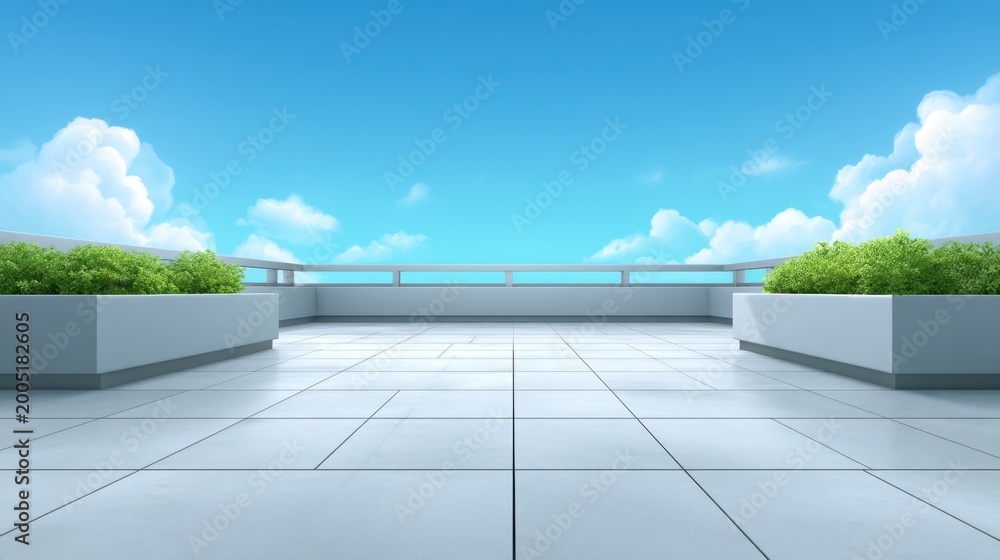 Fototapeta premium Bright and Open Rooftop Terrace with Clear Blue Sky and Lush Greenery for Relaxation and Outdoor Gathering Spaces