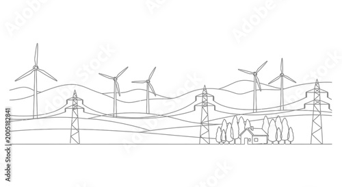 Foto Wind turbine and power line landscape line drawing with line art