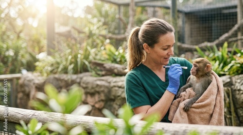 Zoo keeper gives medication to a monkey wrapped in a towel