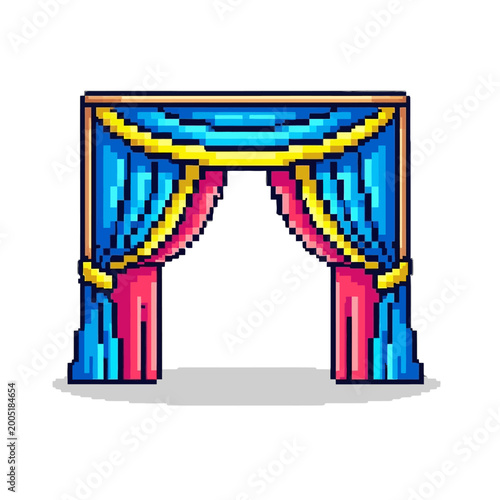 Colorful pixelated theater stage with vibrant curtains and decorative drapery in nostalgic retro style