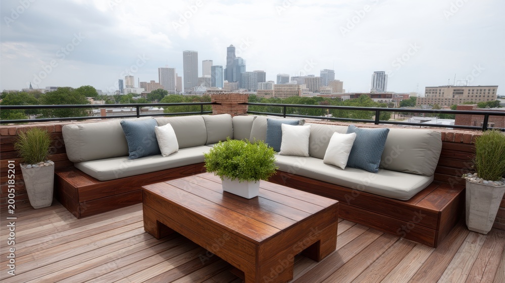 Fototapeta premium Modern Rooftop Terrace with Comfortable Seating and View of Urban Skyline on Cloudy Day
