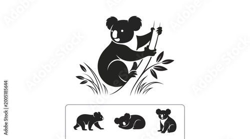 Canvas Print Koala bear silhouettes set with different poses and designs