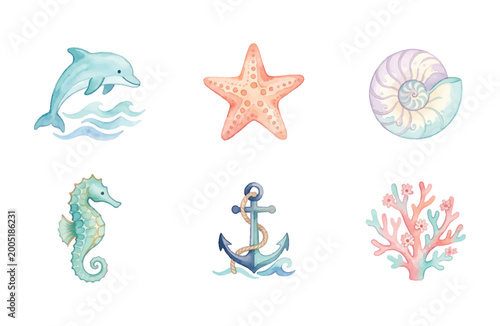Watercolor Oceanic Icon Set with Marine Life and Nautical Elements