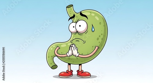 cartoon stomach character feeling unwell.