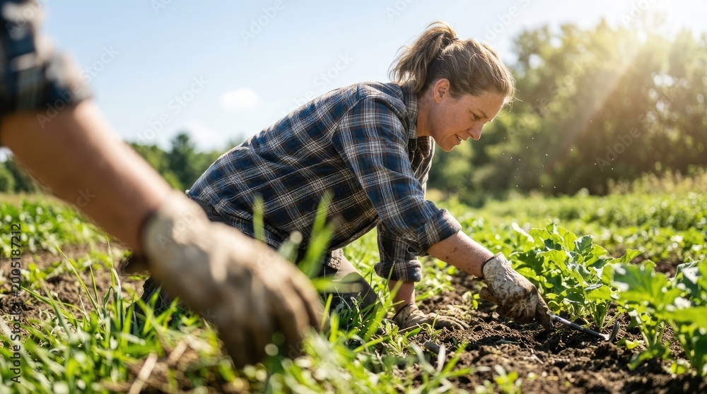 Fototapeta premium Farmer working in a field on a sunny day