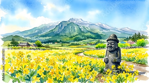 Vibrant watercolor painting captures Jeju Island's iconic dol hareubang standing in a golden canola field, with traditional houses, green valleys, snow-capped mountains, and a bright blue sky.