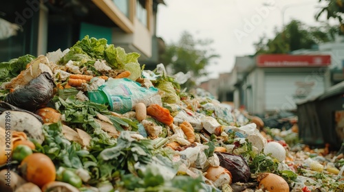 A massive pile of discarded food waste and colorful wrappers dumped behind a grocery store in an urban alley.
