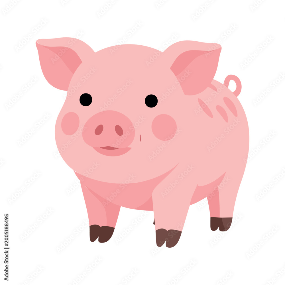 Fototapeta premium Cheerful pink pig stands on a white background in a cartoon illustration