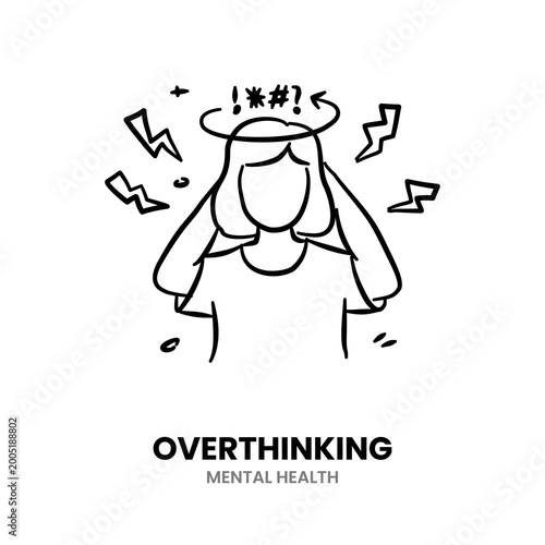 Overthinking, anxiety, stress, depression, problem, psycholrogy, mind, tired, thinking, worry, fear. Vector Illustration