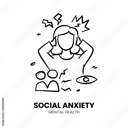 Social anxiety, stress, depressed, woman, loneliness, depression, mental, problem, disorder, fear, phobia. Vector Illustration