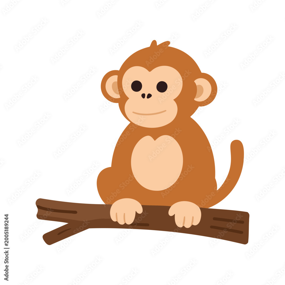 Fototapeta premium Cute monkey resting on a branch in cartoon style illustration with simple shapes