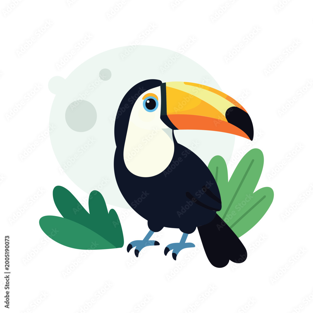 Fototapeta premium Cheerful toucan standing amidst green foliage with a simple background design
