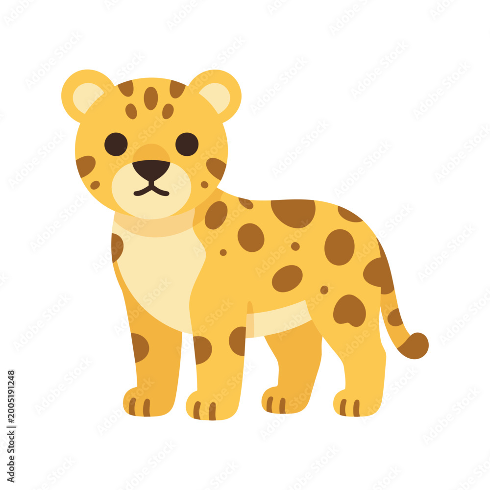 Fototapeta premium Cartoon illustration of a cute jaguar cub with brown spots standing on a white background