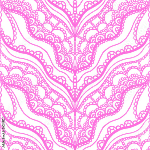 Pink lace seamless pattern with delicate scalloped ornament, romantic feminine textile design, decorative wallpaper, fabric and wrapping background