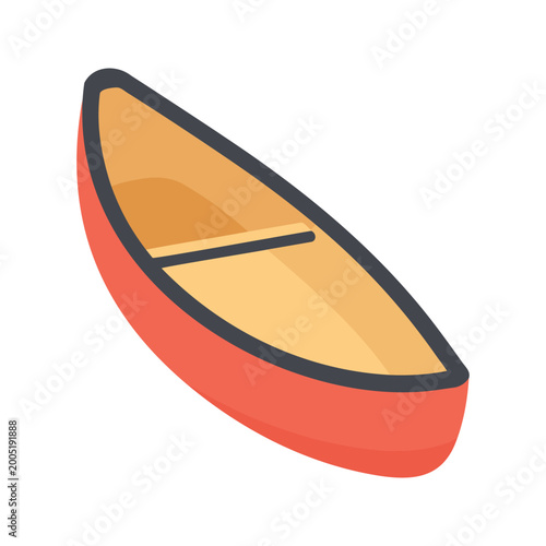 Illustration of a red canoe with a yellow interior for recreational water activities