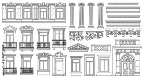 Neoclassical Facade CAD Block Set with Windows, Doors, Columns and Decorative Mouldings – Architectural Elevation Vector Library
