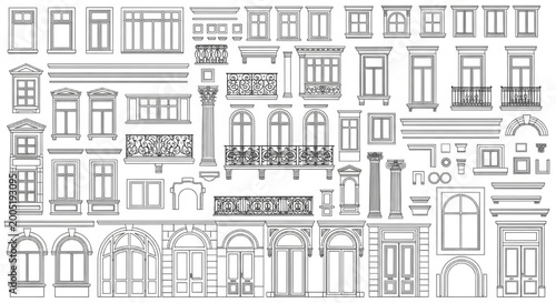 Comprehensive Classical Facade CAD Block Library – Windows, Doors, Columns, Railings and Architectural Detail Line Set