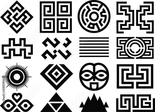 Tableau sur toile Brazilian, indigenous tribal pattern icon collection, Xingu shapes, Marajoara mo