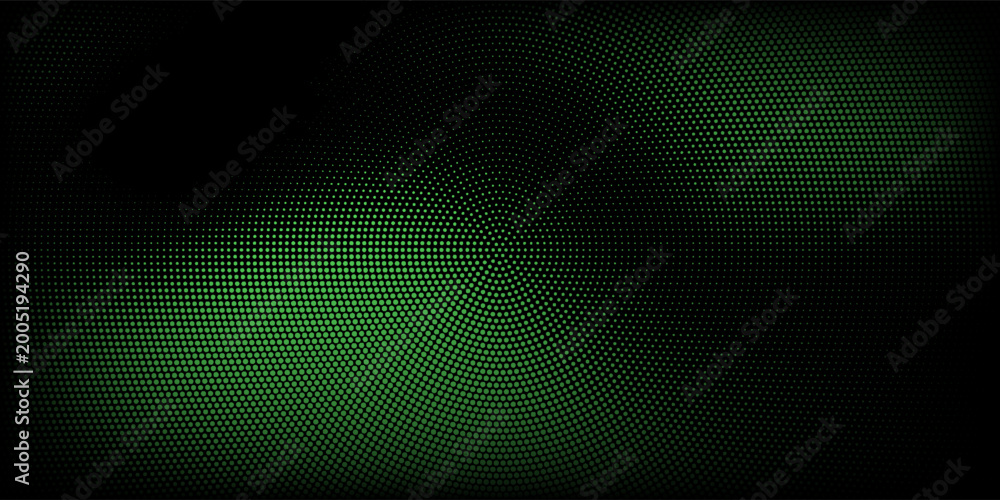 Obraz premium Halftone texture with green dots on a black background. Minimalism, vector. Background for posters, sites, business cards, postcards, interior design
