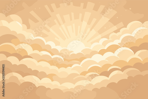 Vector illustration of stylized beige and cream clouds with a bright sunburst and rays of light in a warm sky, peaceful heaven background for summer day, sunrise or sunset template design.