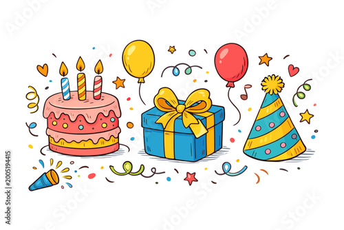 Hand Drawn Birthday Party Doodle Elements Set with Colorful Sketch of Cake, Candles, Gift Box, Balloons, Party Hat, and Confetti. Vector Illustration for Celebration, Anniversary, and Event Decor.