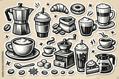 Vintage Coffee Sticker Collection with Halftone Texture; Retro Cafe Icons featuring Moka Pot, Espresso, Latte, Cappuccino, Coffee Beans, Grinder, Croissant, Donut, and Cake for Menu Design.