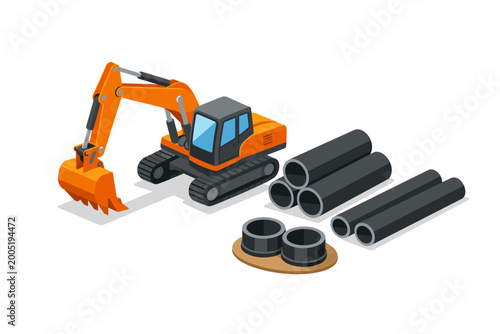 Orange construction excavator and black industrial pipes in isometric vector style. Heavy machinery for pipeline installation and infrastructure building projects isolated on white background.