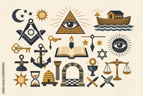 Freemason and Mason Symbols Set with Eye of Providence, Square and Compass, Illuminati Elements, Secret Union Brotherhood Icons, Esoteric Occult Signs, Masonic Tools, and Mystical Illustrations.