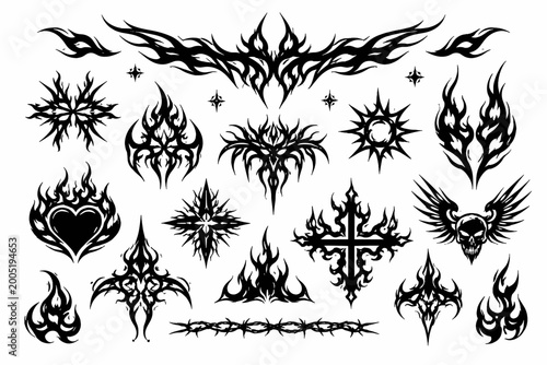 Gothic Neo Tribal Fire Abstract Graphics Set with Y2K Cyber Tribal Shapes and Edgy Sigilism Design Elements. Vector Illustrations of Skull, Heart, Cross, and Flames for Streetwear and Tattoo Art.