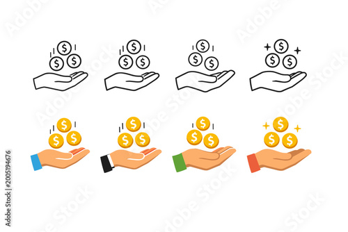 Set of Hand Holding Falling Dollar Coins Icons in Outline and Flat Styles. Symbols for Donation, Investment, Profit, Savings, Income, Charity, and Financial Success. Vector Illustration Design.