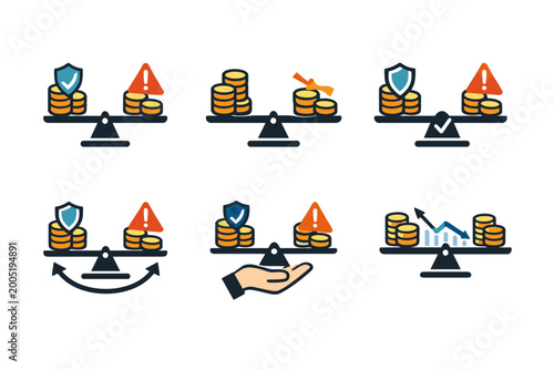 Risk management in investments icon set featuring balance scales with money coins, security shields, and warning signs for financial planning, wealth protection, and asset allocation strategies.