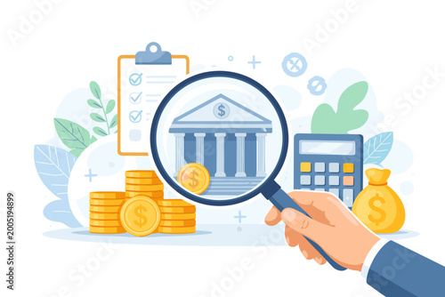 Financial Audit and Banking Concept with Hand Holding Magnifying Glass over Bank Building, Stacks of Gold Coins, Money Bag, Calculator, and Checklist for Investment and Loan Analysis