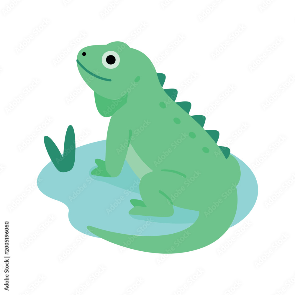 Fototapeta premium Stylized light green iguana rests on a light blue surface near foliage