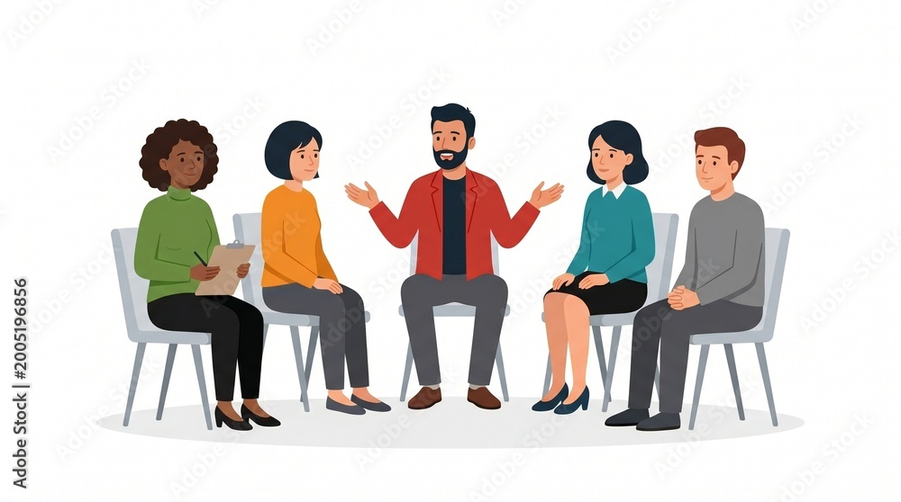Obraz premium Diverse male manager leading a business meeting with diverse employees sitting on chairs, concept for corporate coaching, professional development and team collaboration