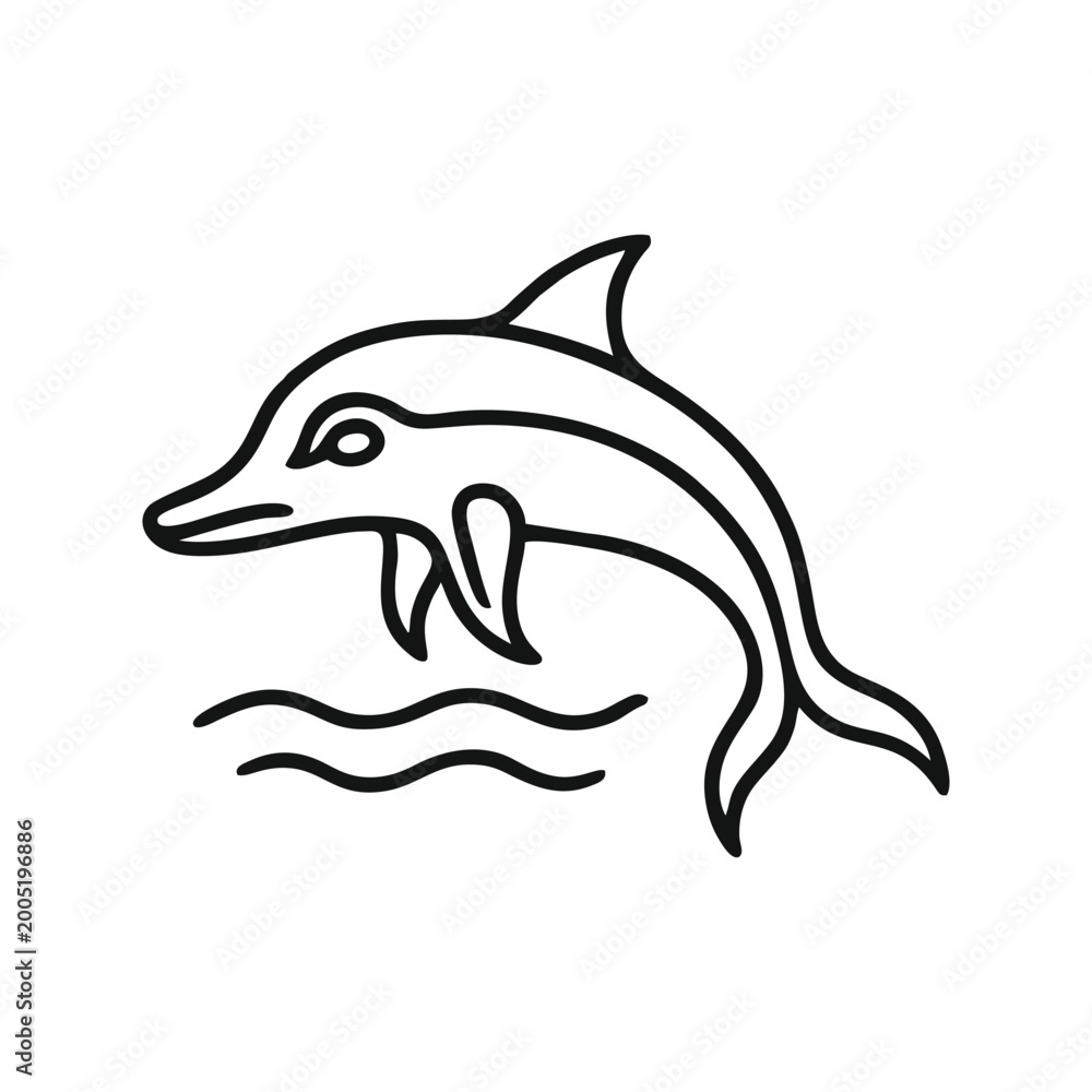 Fototapeta premium Ancient dolphin hieroglyph flowing lines smooth curves minimalist vector black white mode