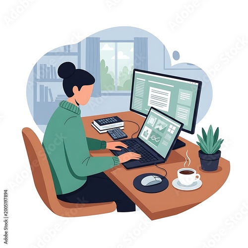 Woman working on computer with dual screens.
