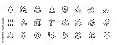 Photography Hydrophobic Weatherproof Icon Set: Water Resistant, Moisture Shield, Anti-Wettin