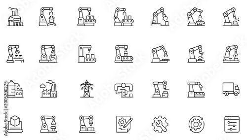 Photos Industry automation & robotics icon set: editable stroke vector illustration fea