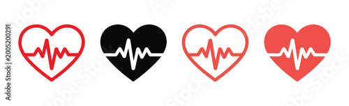 Four heart shapes with ecg pulse line for health and medical monitoring symbols on white background.