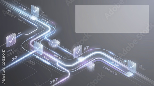 Project management saas corporate productivity tools showing digital workflow automation with task completion checkmarks on futuristic isometric dashboard interface for business efficiency.