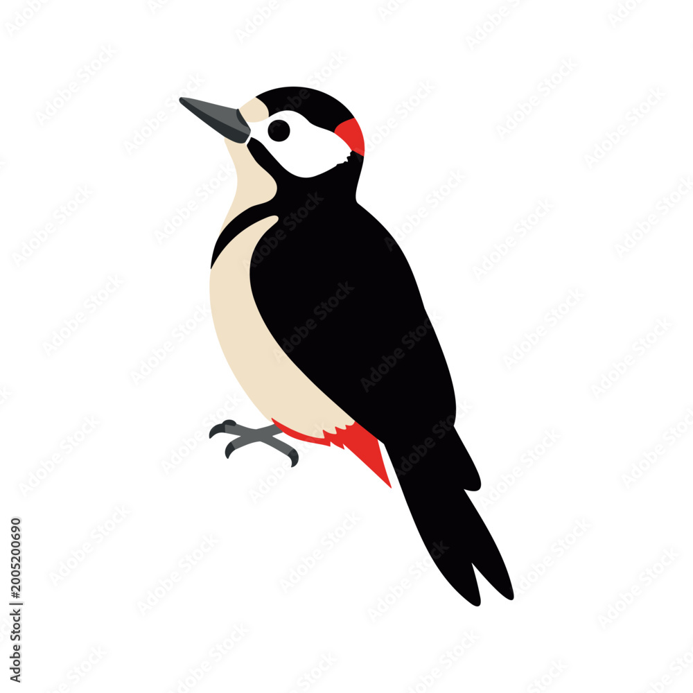 Fototapeta premium Minimalist illustration of a great spotted woodpecker with white, black, and red feathers