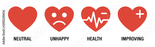 Heart health status icon set showing neutral unhappy medical beat and improving stages with labels in red.