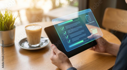 Project management SaaS corporate productivity tools on tablet with holographic interface showing checklist and dashboard for business professional working in cafe with coffee and plant.