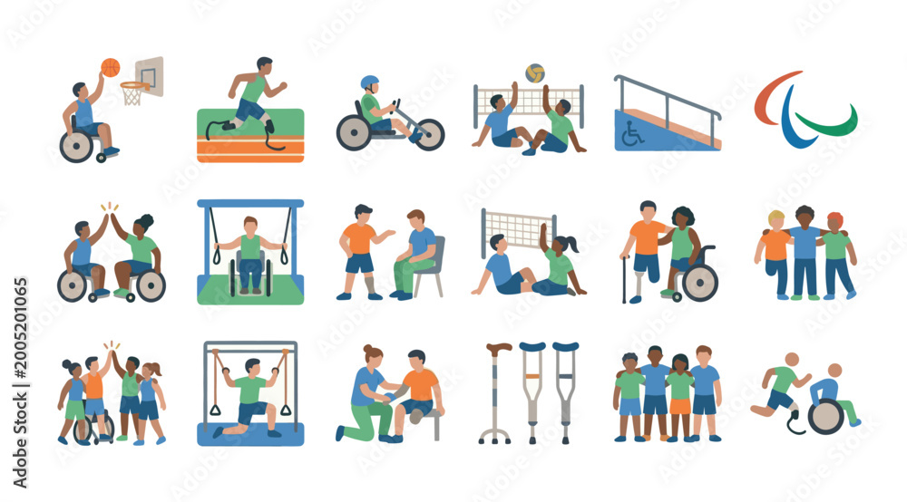 Fototapeta premium A diverse collection of flat vector illustrations depicting people with disabilities participating in various sports, celebrating inclusivity and adaptive athleticism.