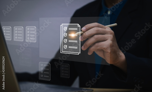 Businessmen review procedures through documents containing checkbox lists, rules of conduct concepts, rules and policies, company regulatory documents, terms and conditions