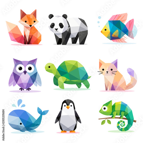 Set of 9 cute geometric animal illustrations