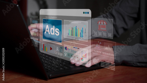 Digital marketing analytics concept with virtual dashboard, ads performance data, and business professional analyzing metrics for strategy and growth.